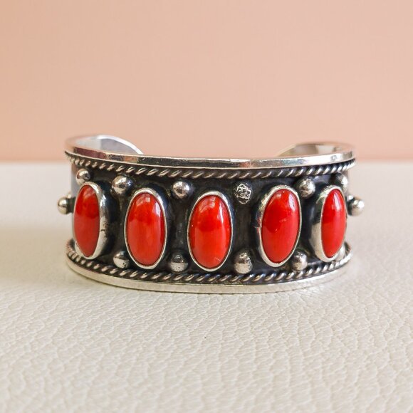 Navajo 900 Silver Cuff with Mediterranean Red Coral - Picture 1 of 8